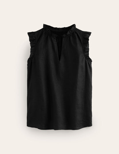 Frill Sleeve Linen Notch Top-Black