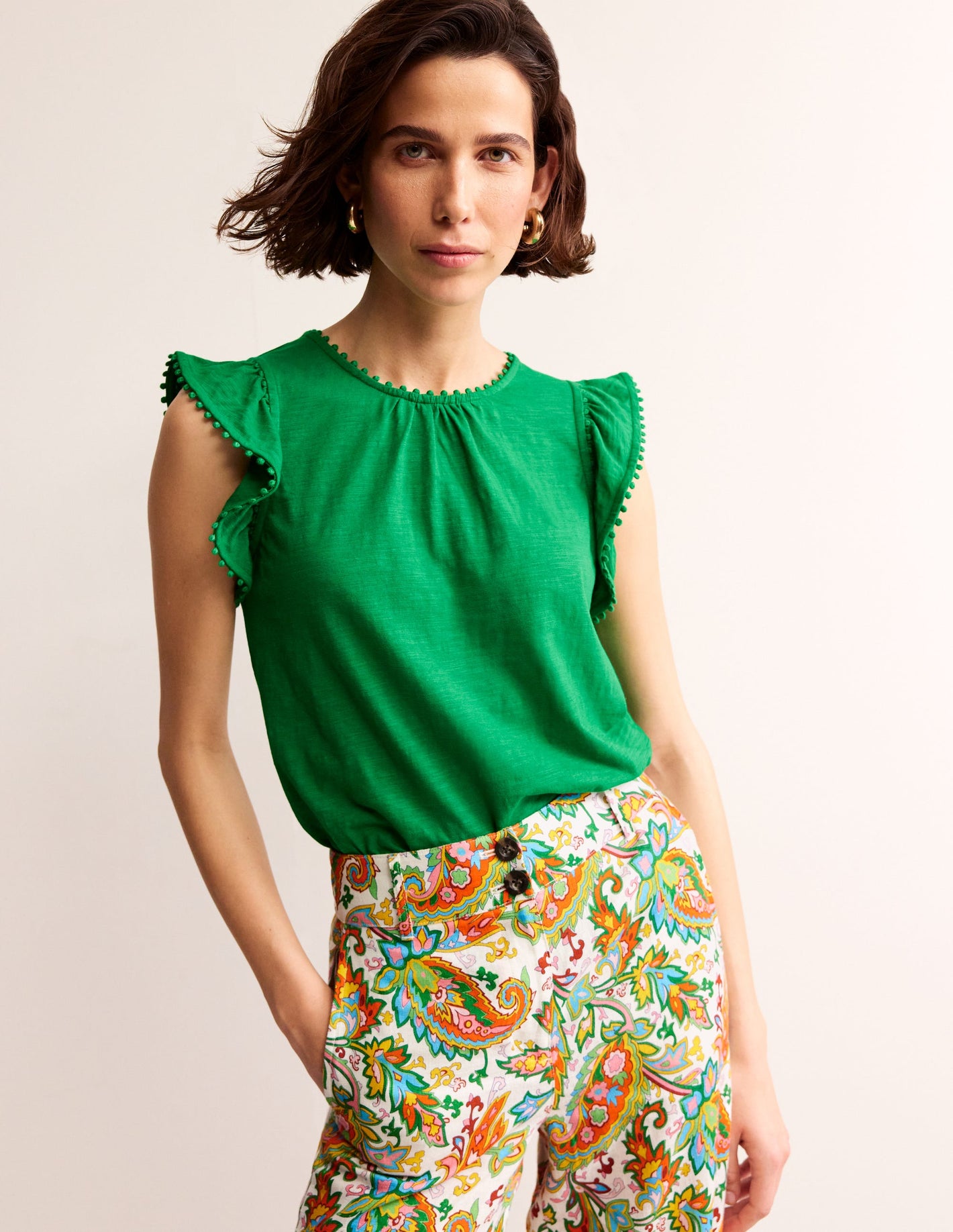 Pom Trim Ruffle Sleeve Top-Green Tambourine