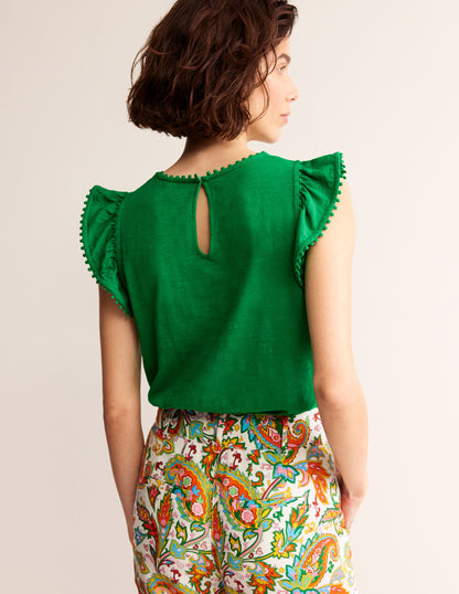 Pom Trim Ruffle Sleeve Top-Green Tambourine