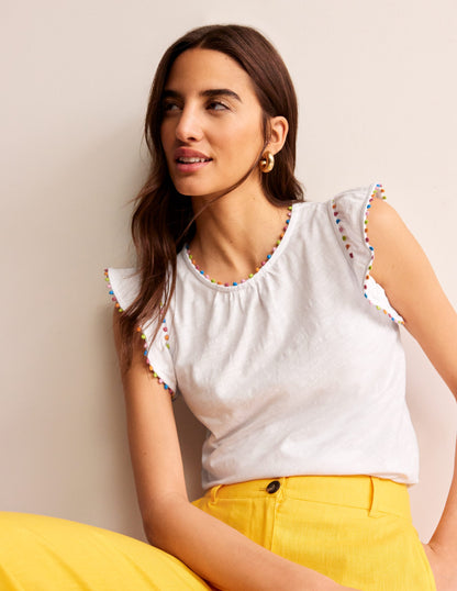 Pom Trim Ruffle Sleeve Top-White