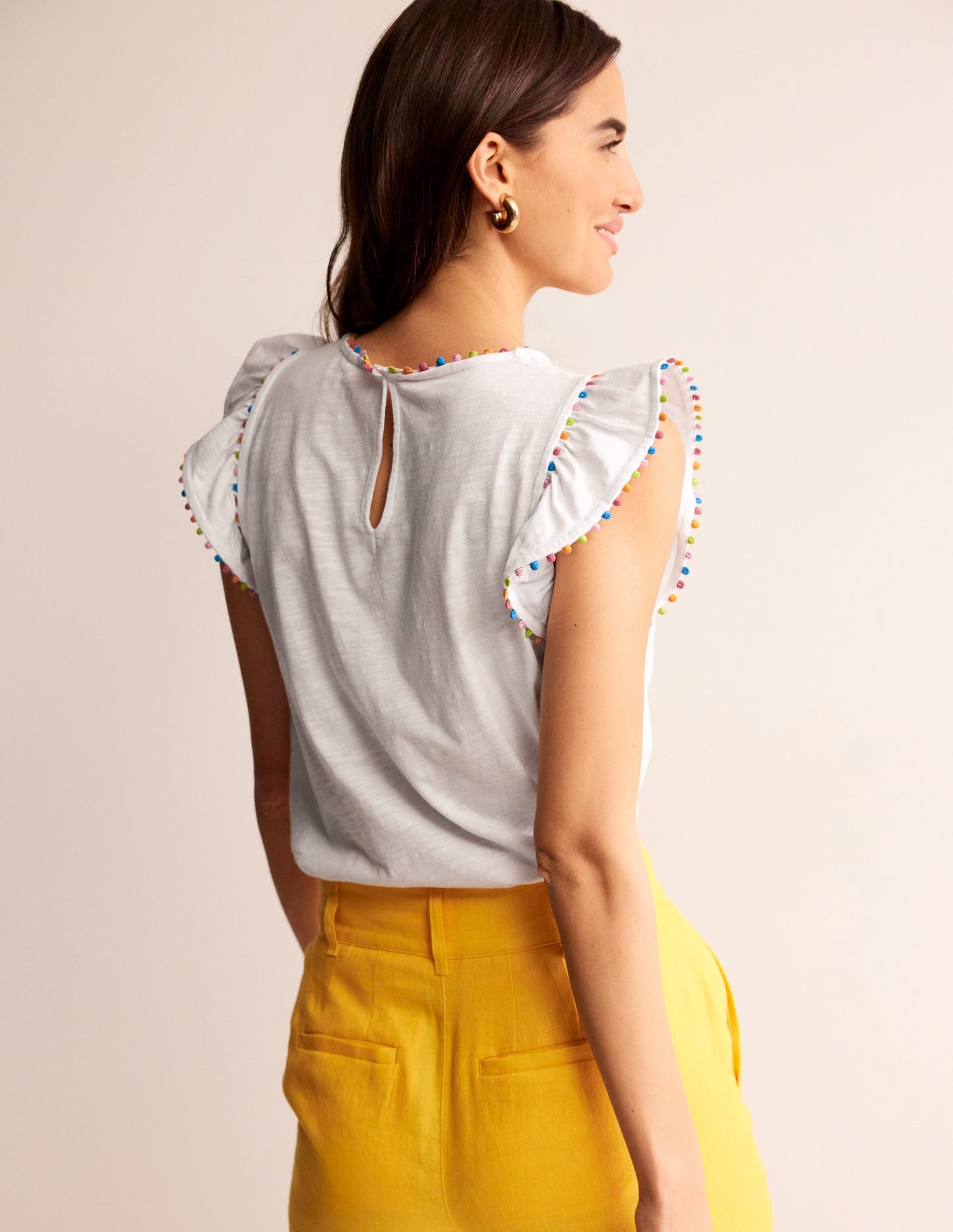 Pom Trim Ruffle Sleeve Top-White