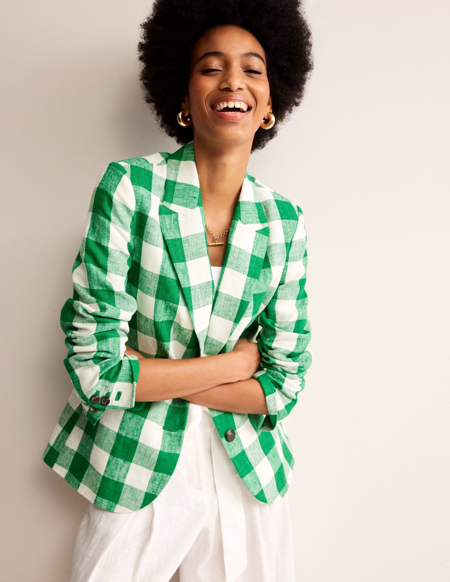 Marylebone Linen Blazer-Green Gingham