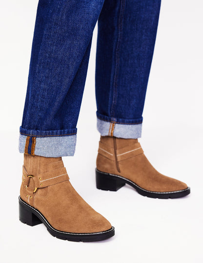 Harness Detail Biker Boots-Tan Suede