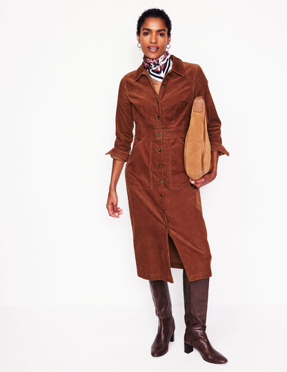 Flora Cord Midi Shirt Dress-Cognac