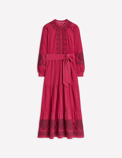 Alba Cord Maxi Dress -Cherry Jam, Embroidered