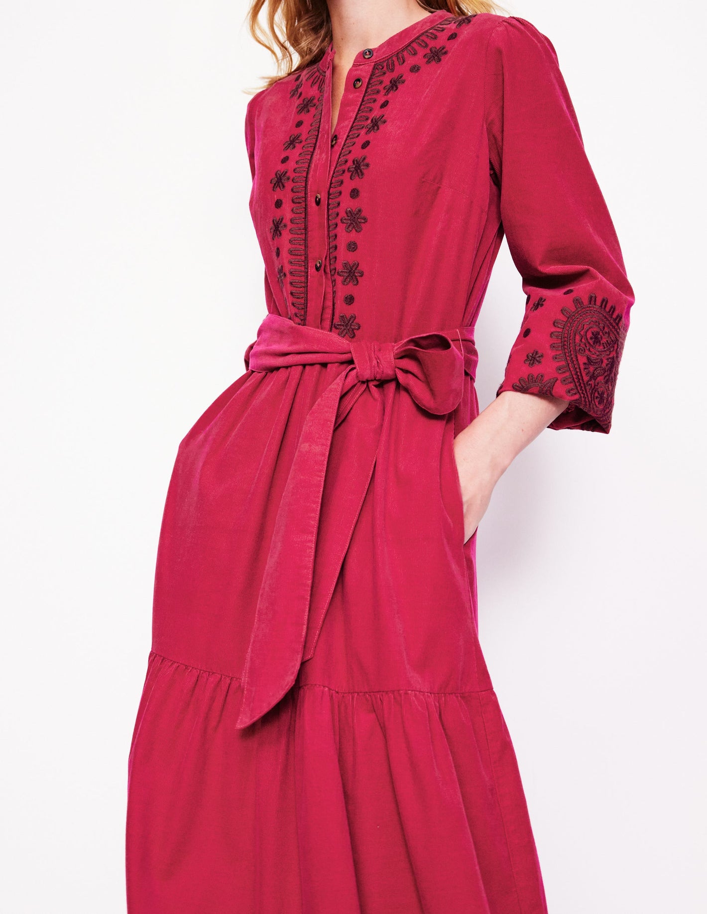 Alba Cord Maxi Dress -Cherry Jam, Embroidered