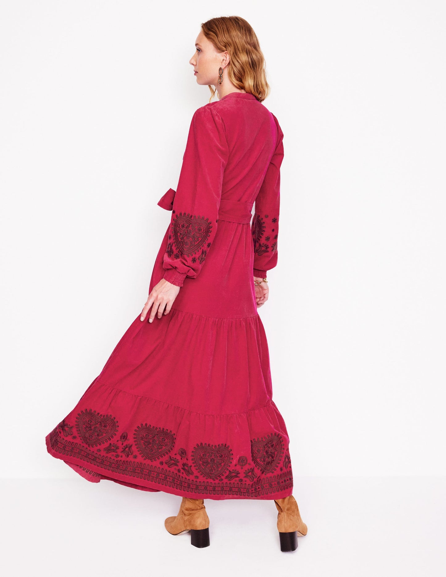 Alba Cord Maxi Dress -Cherry Jam, Embroidered