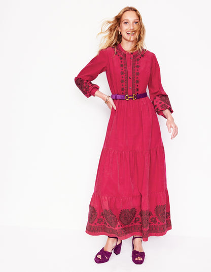 Alba Cord Maxi Dress -Cherry Jam, Embroidered