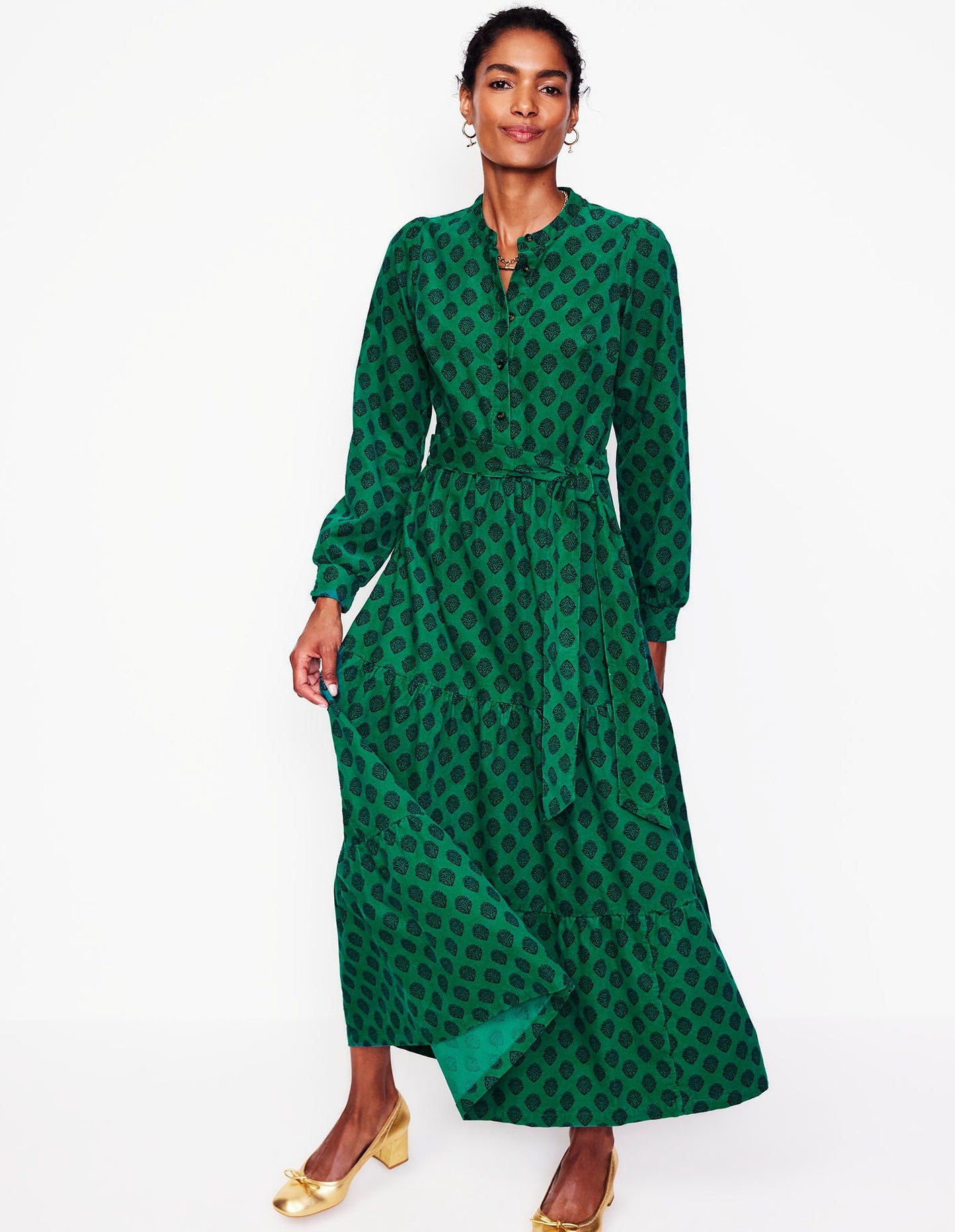 Alba Cord Maxi Dress-Alpine Green, Ornate Stamp