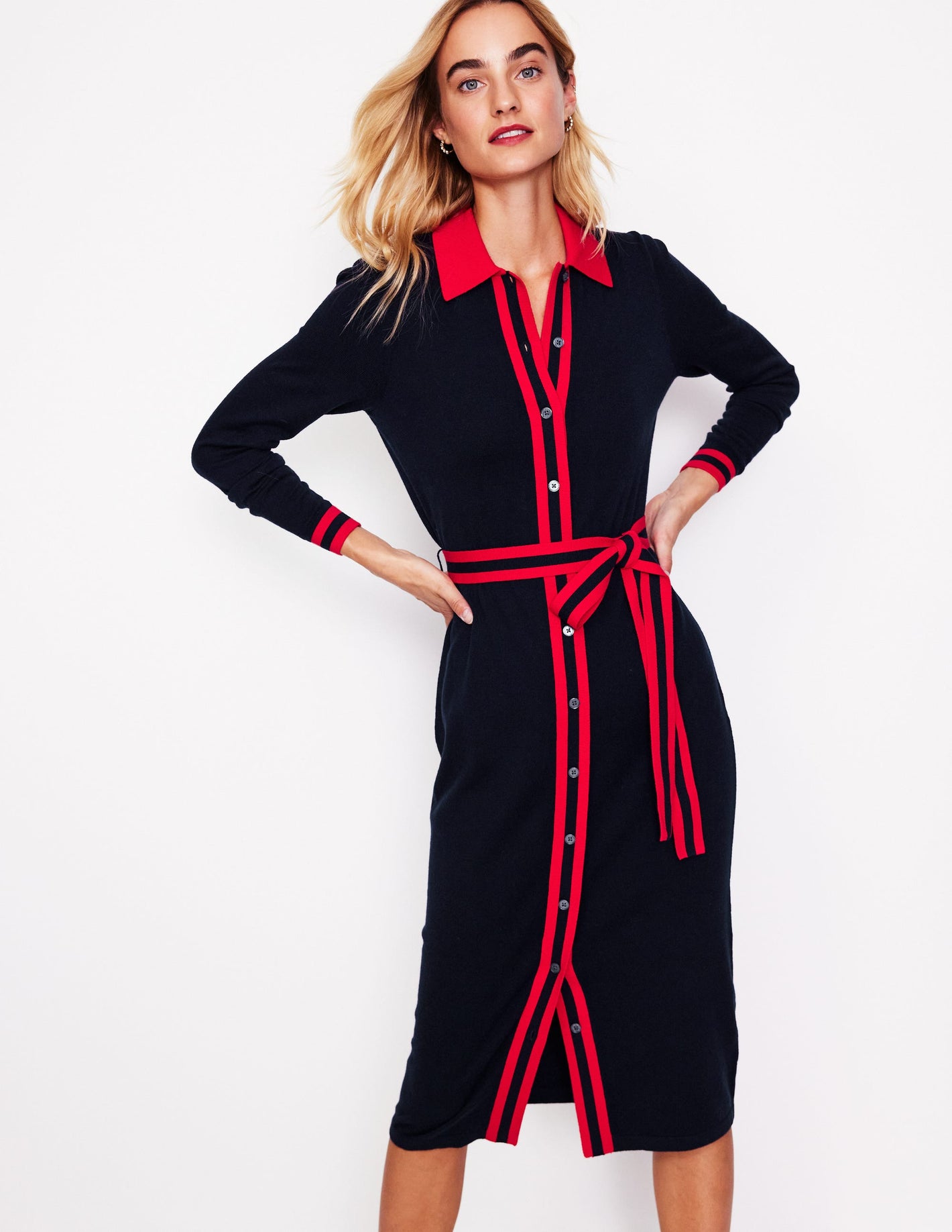 Victoria Knitted Shirt Dress-Navy and Rouge