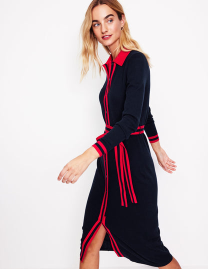 Victoria Knitted Shirt Dress-Navy and Rouge