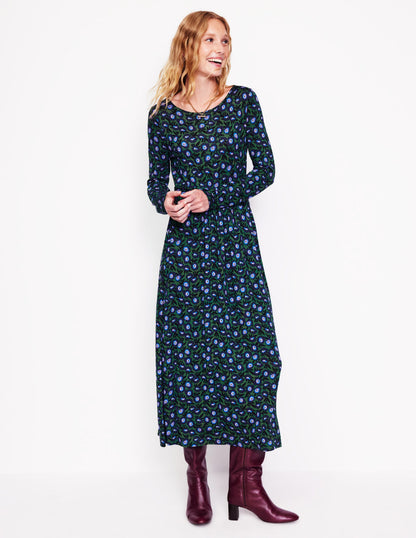 Amelie Long Sleeve Midi Dress-Pine, Pansy Sprig