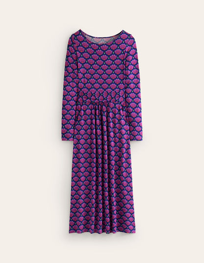 Amelie Long Sleeve Midi Dress -Regal Purple, Lotus Stamp