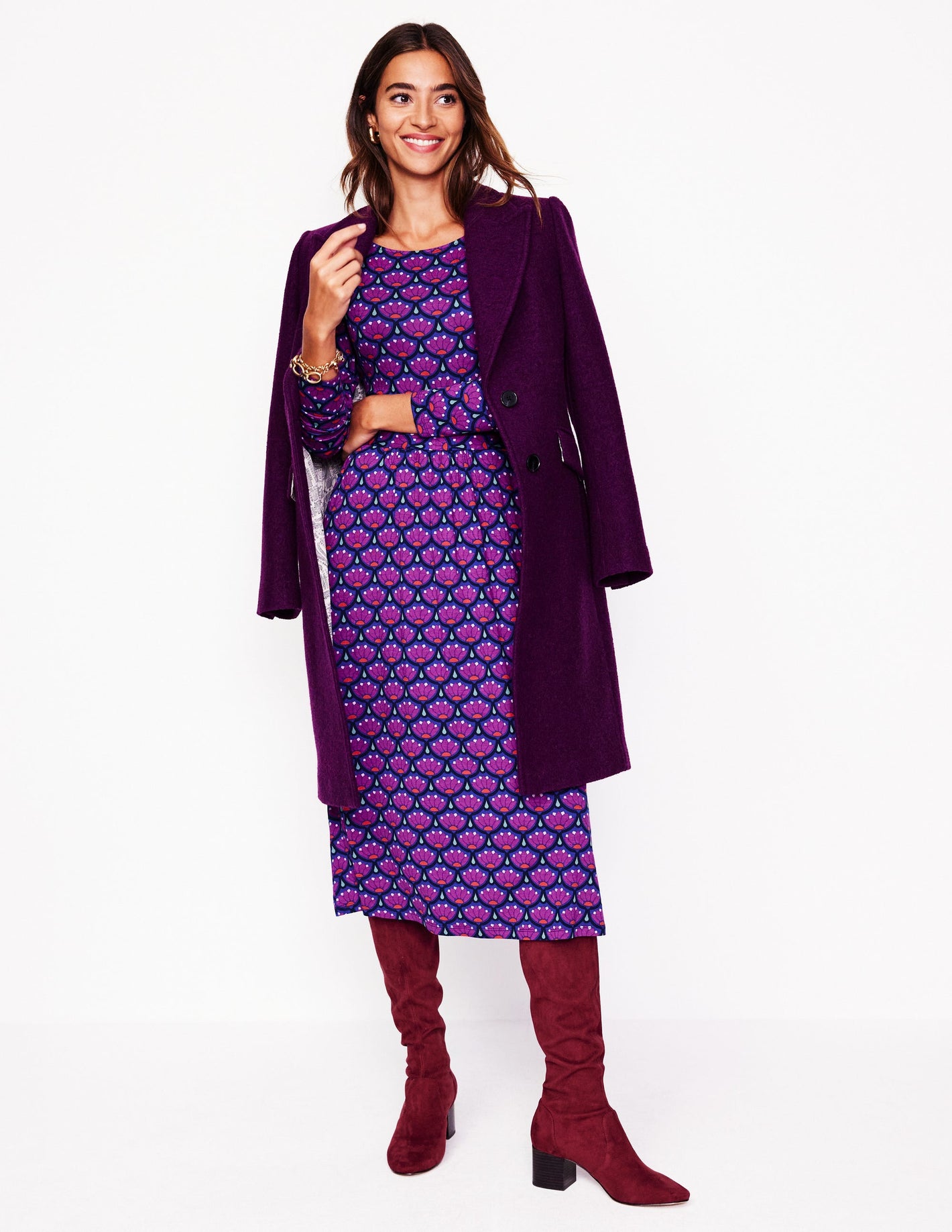 Amelie Long Sleeve Midi Dress -Regal Purple, Lotus Stamp