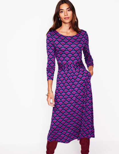 Amelie Long Sleeve Midi Dress -Regal Purple, Lotus Stamp