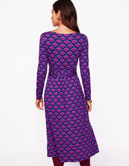 Amelie Long Sleeve Midi Dress -Regal Purple, Lotus Stamp