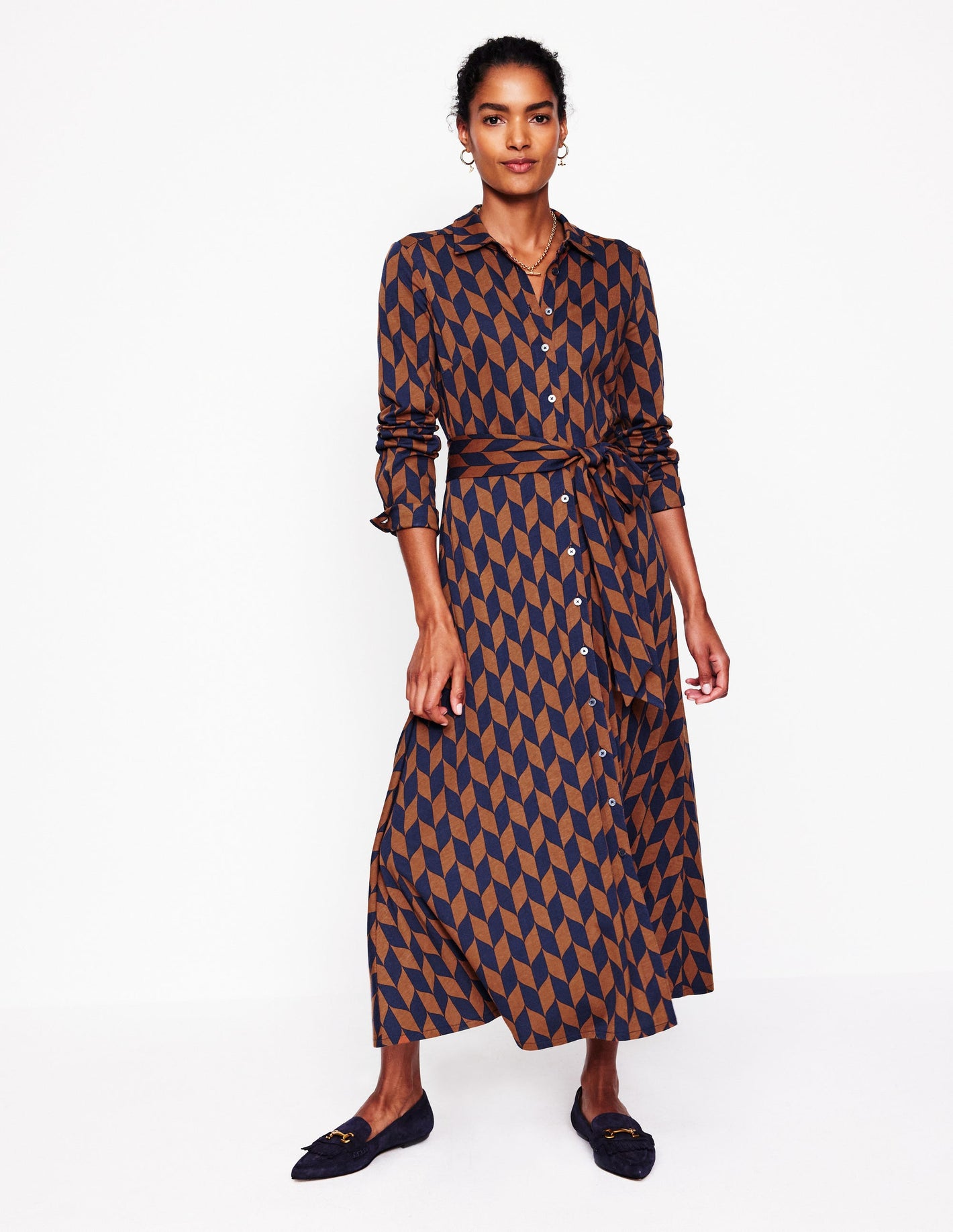 Marcia Jersey Midi Shirt Dress -Cognac, Chevron Swirl