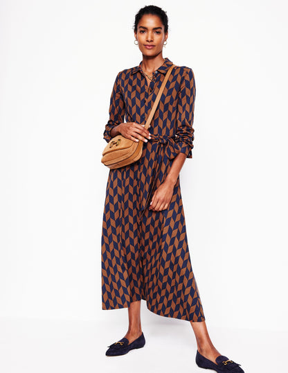 Marcia Jersey Midi Shirt Dress -Cognac, Chevron Swirl