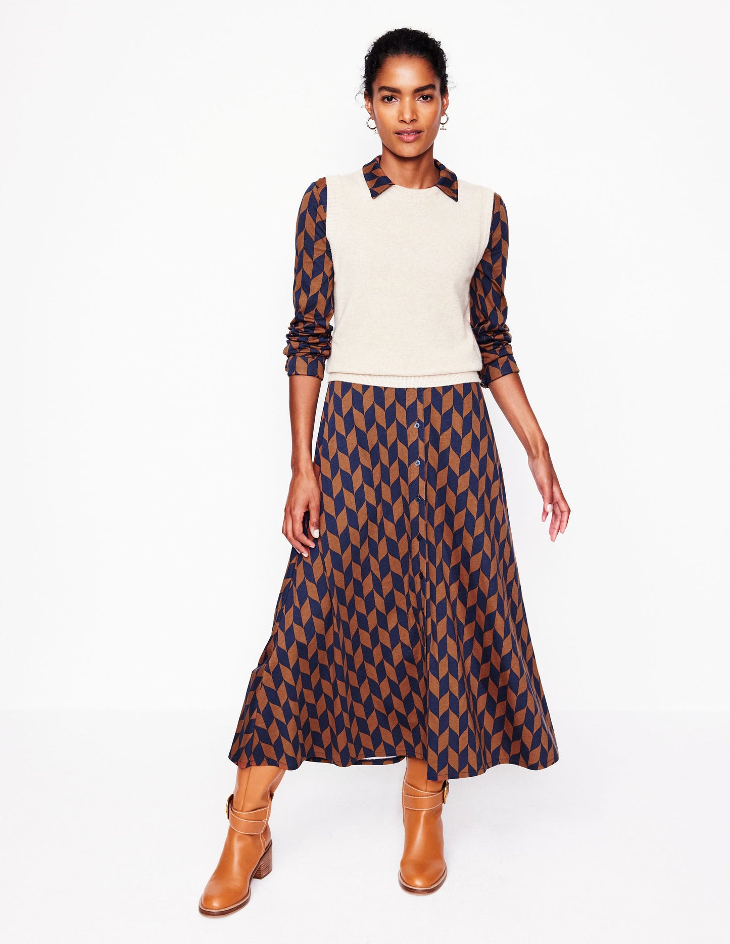 Marcia Jersey Midi Shirt Dress -Cognac, Chevron Swirl