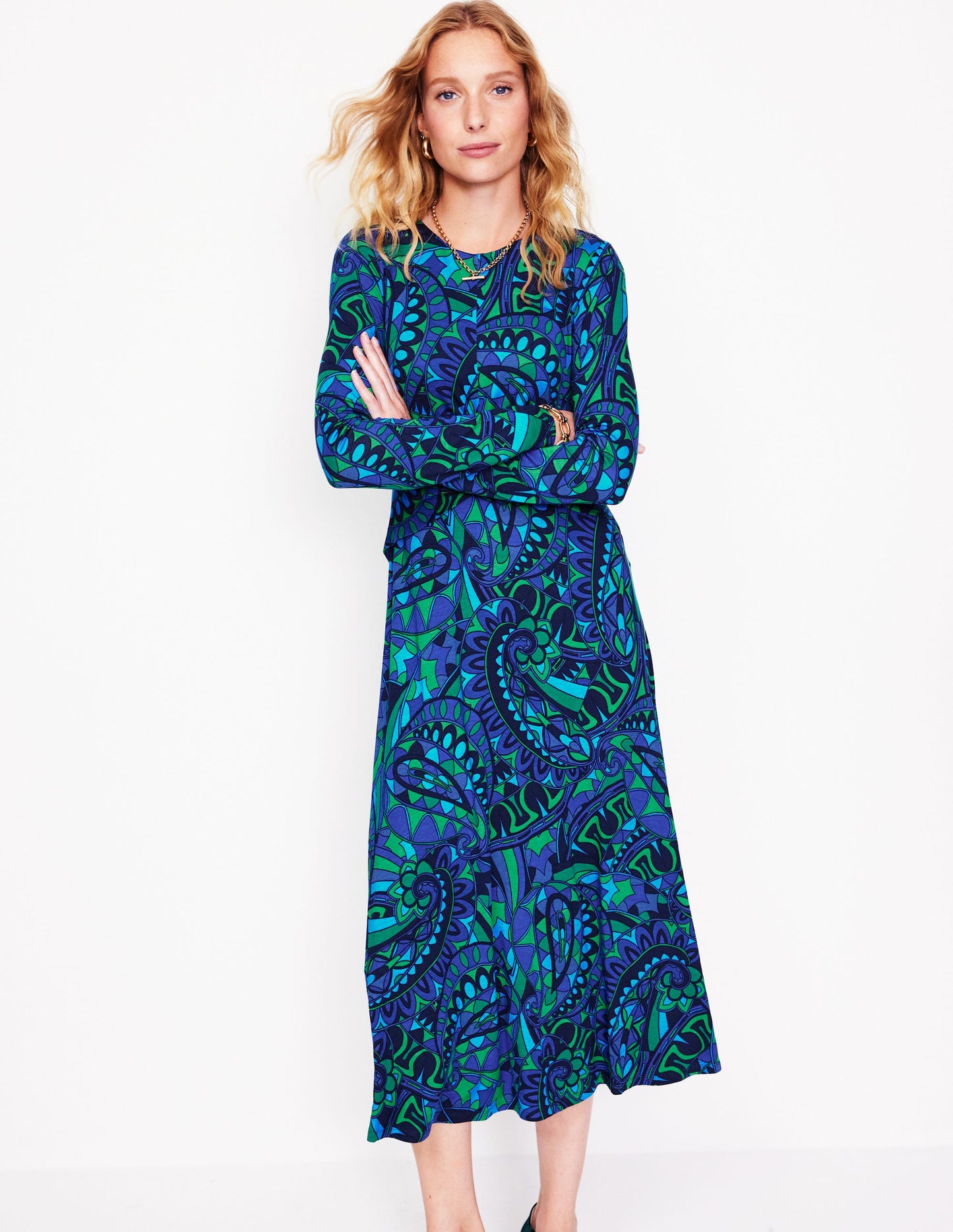 Twisted Waist Jersey Dress -Blue, Kaleidoscopic Paisley