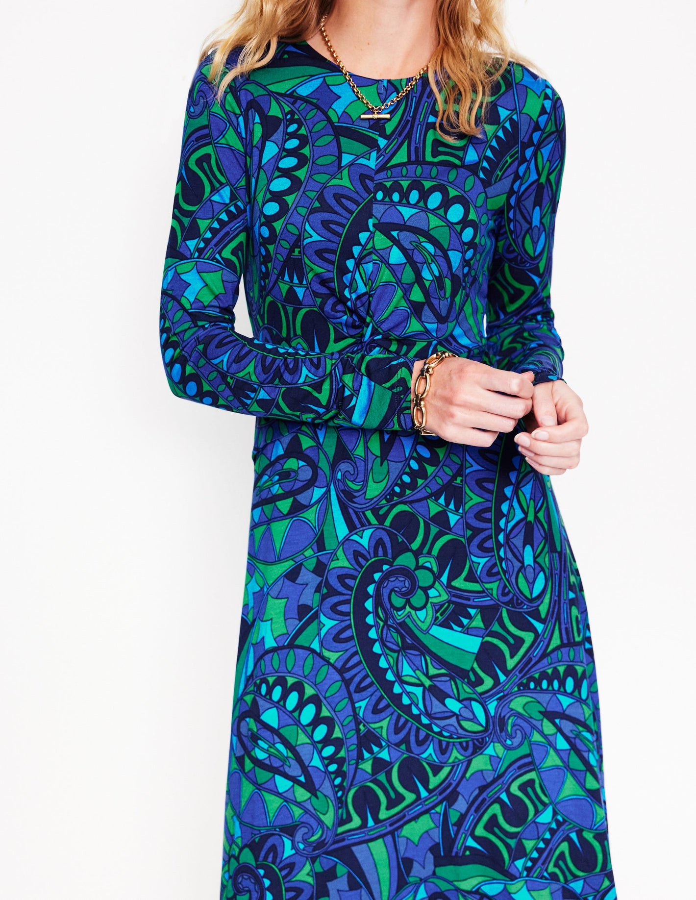 Twisted Waist Jersey Dress -Blue, Kaleidoscopic Paisley