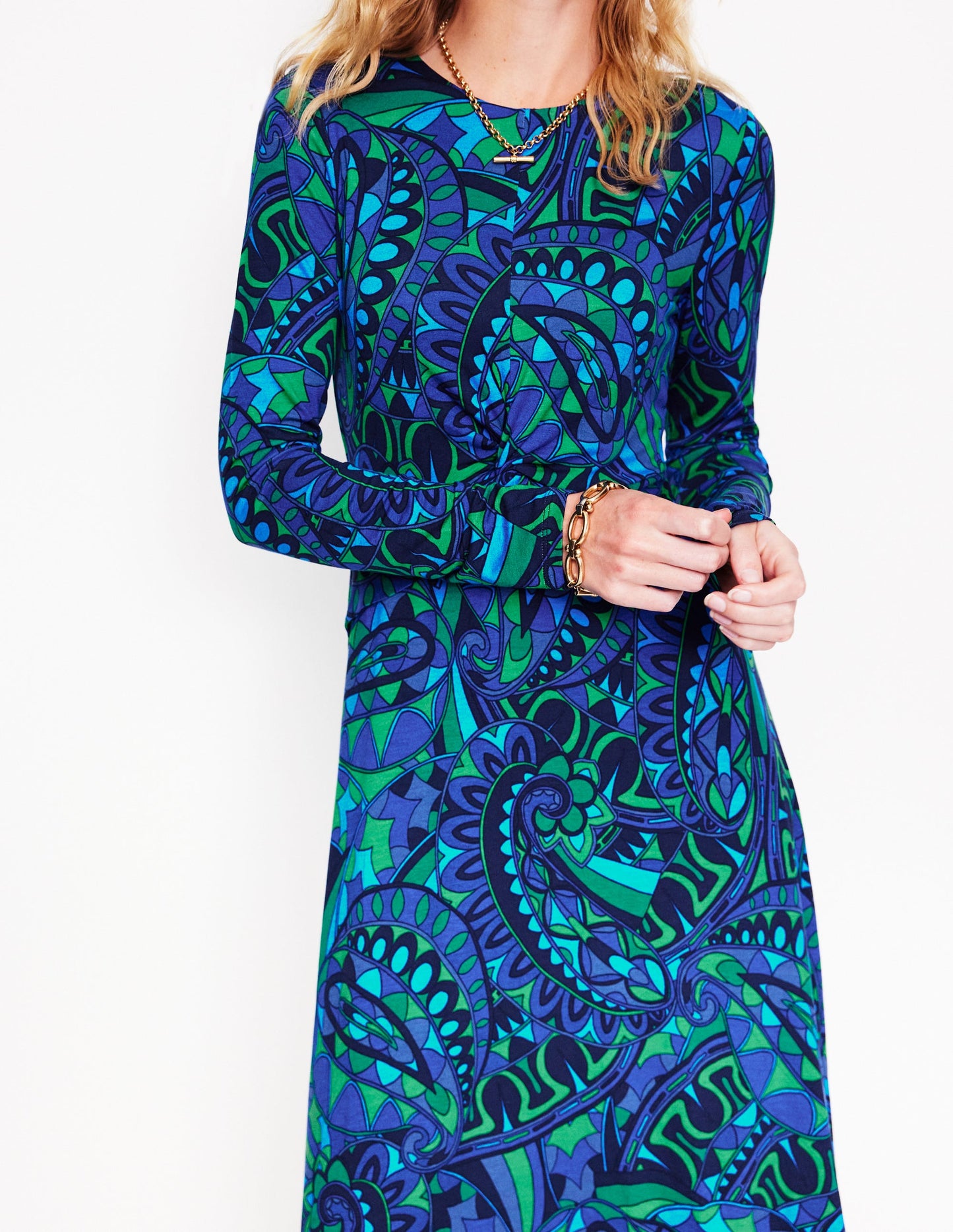 Twisted Waist Jersey Dress -Blue, Kaleidoscopic Paisley