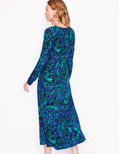 Twisted Waist Jersey Dress -Blue, Kaleidoscopic Paisley