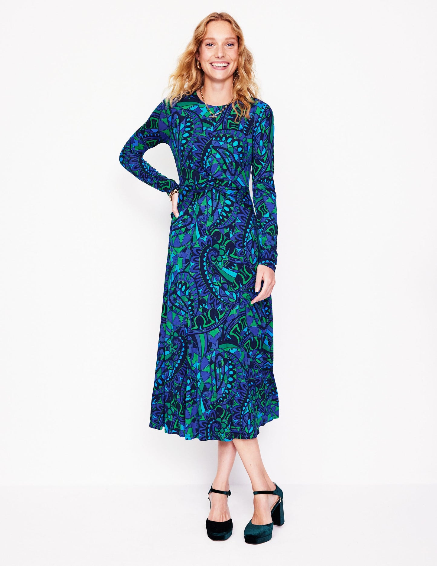 Twisted Waist Jersey Dress -Blue, Kaleidoscopic Paisley