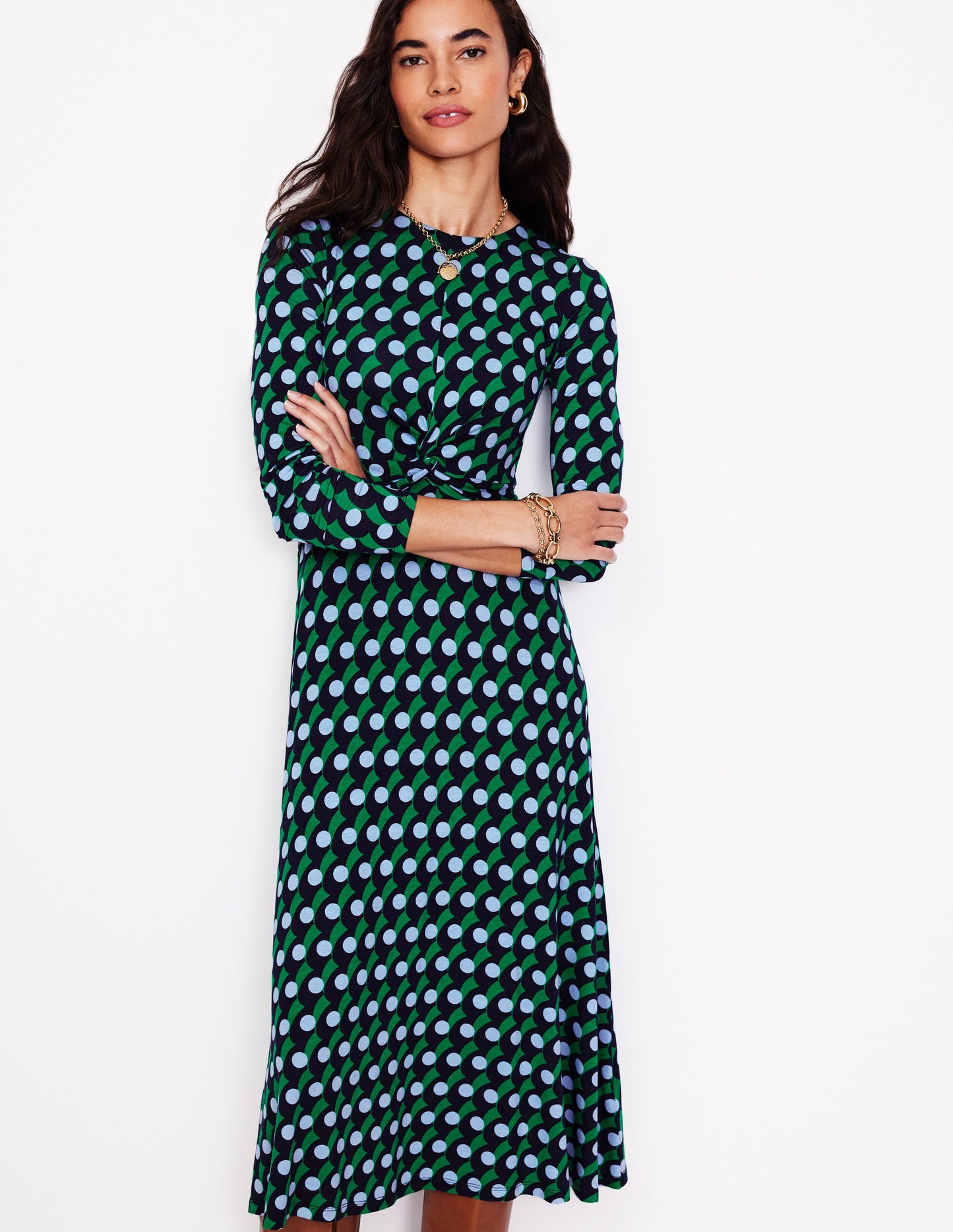 Twisted Waist Jersey Dress -Navy, Polka Wave