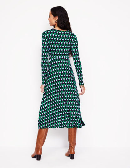 Twisted Waist Jersey Dress -Navy, Polka Wave