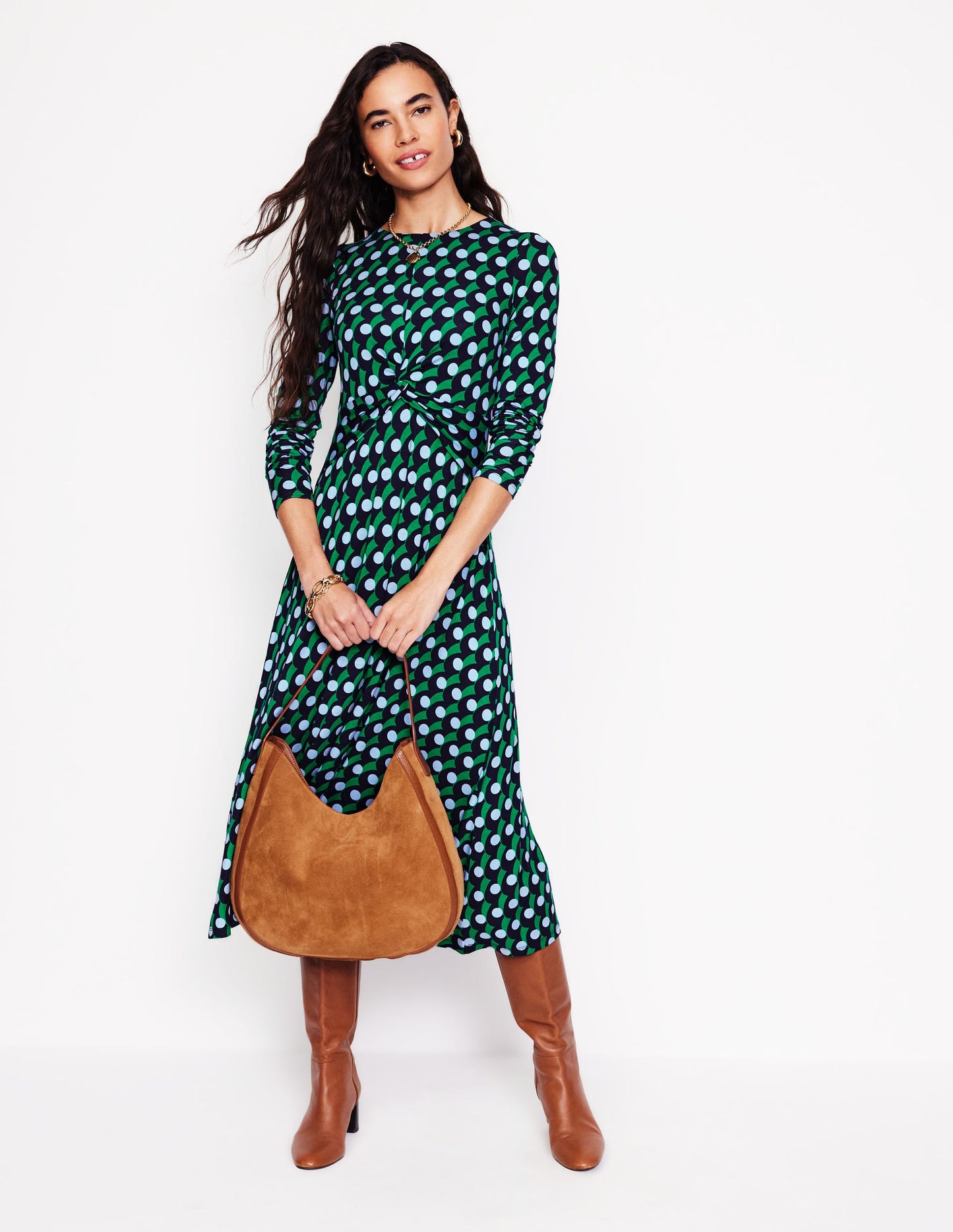 Twisted Waist Jersey Dress -Navy, Polka Wave