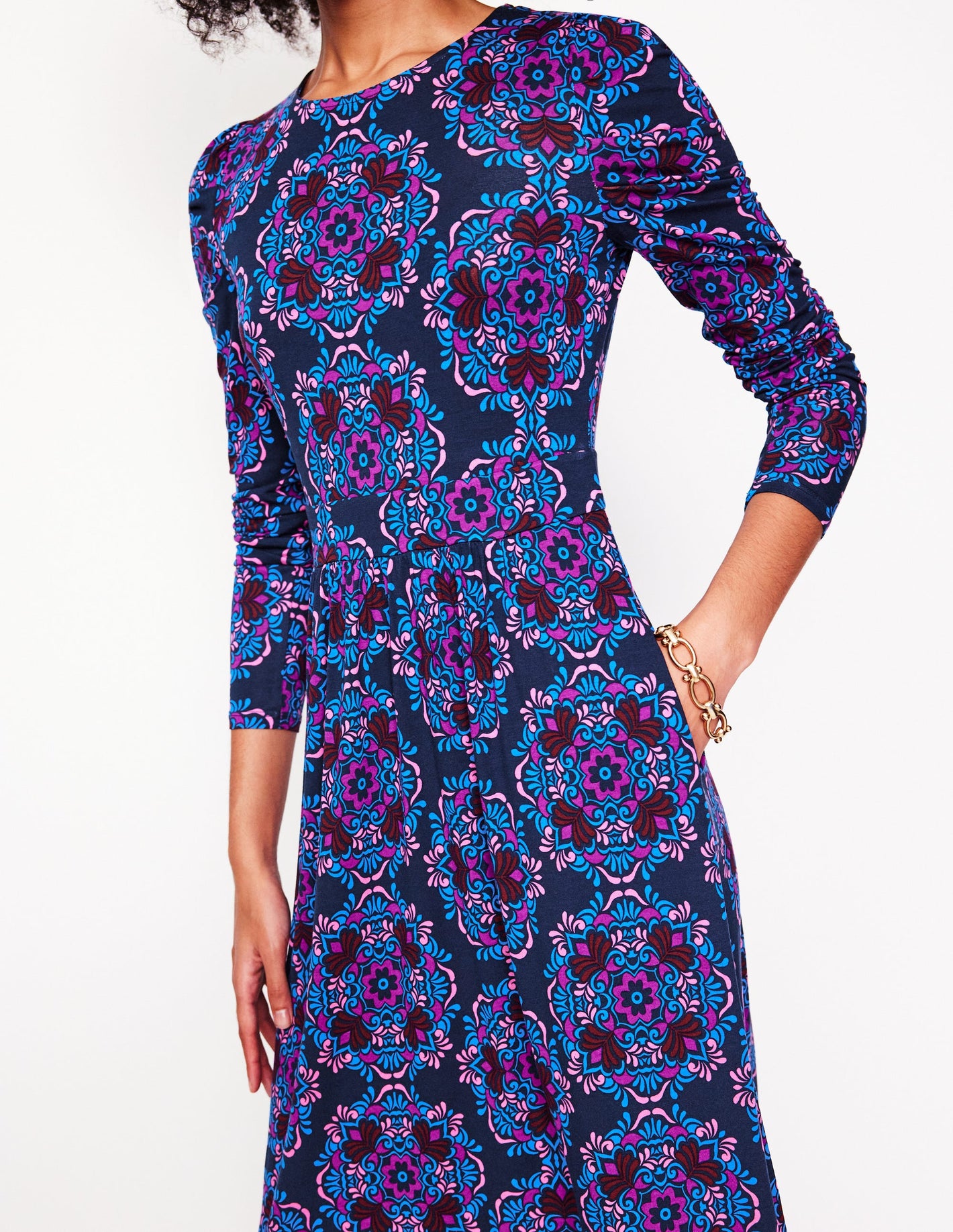 Puff Sleeve Blouson Dress -Regal Purple, Mosaic Cascade