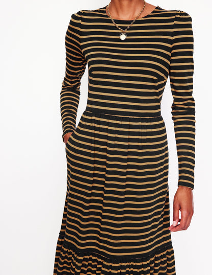 Emma Long Sleeve Jersey Dress-Camel, Black Stripe