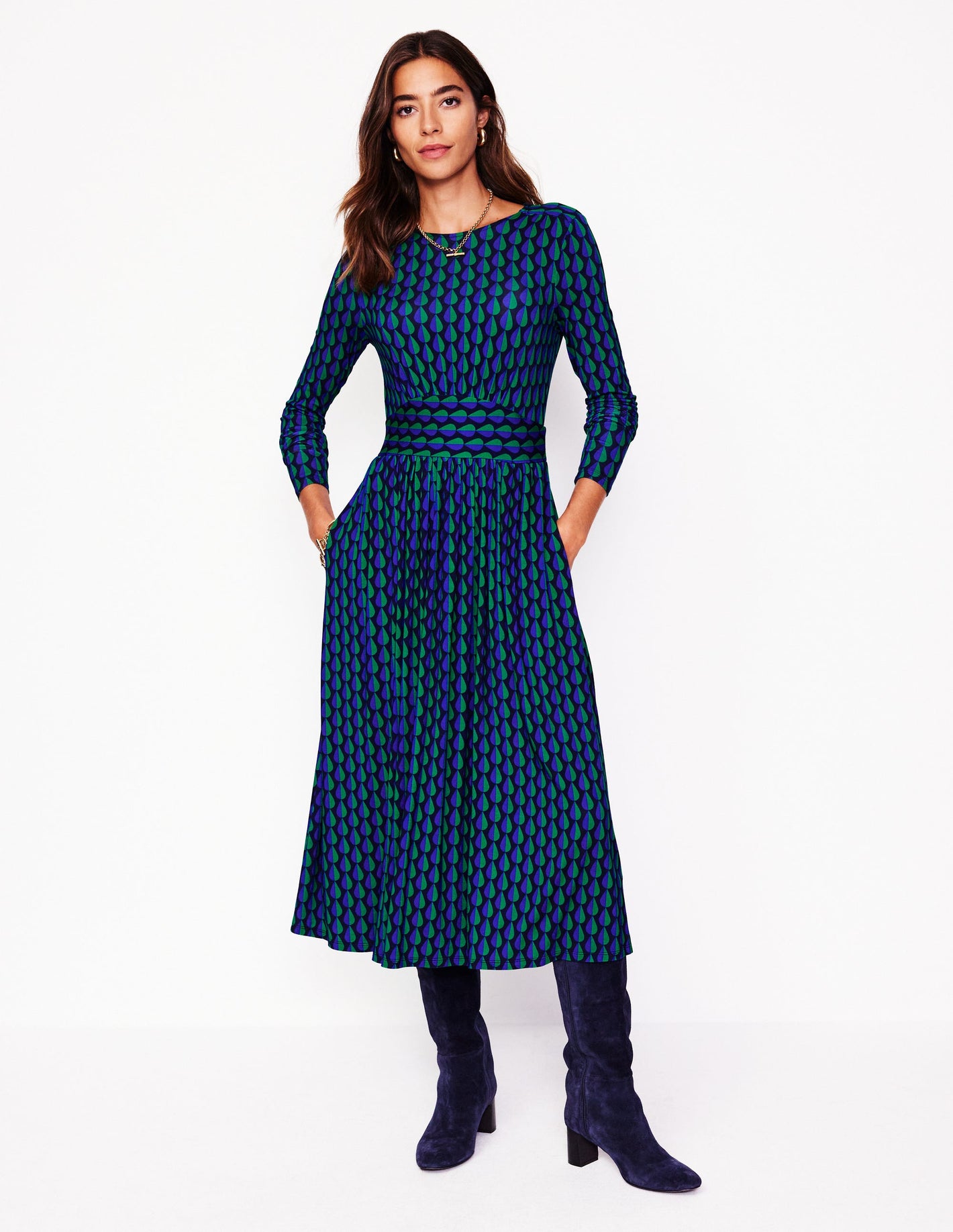 Thea Long Sleeve Jersey Dress-Pine, Raindrop Geo