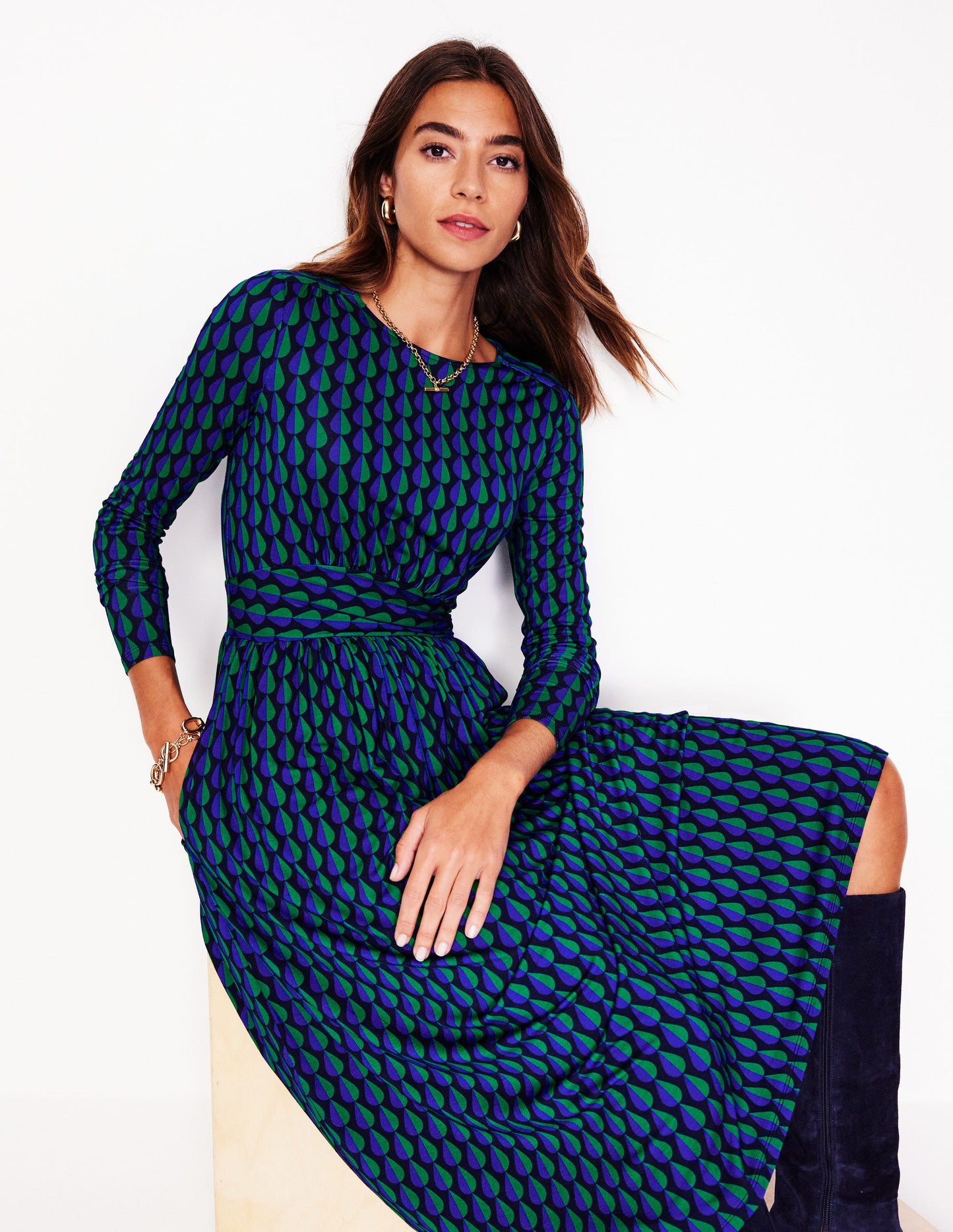 Thea Long Sleeve Jersey Dress-Pine, Raindrop Geo