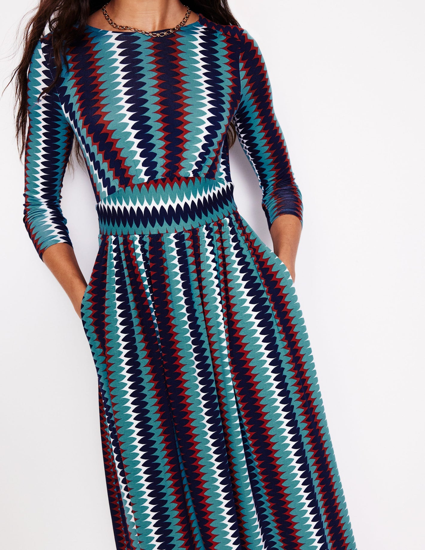 Thea Long Sleeve Jersey Dress -Multi, Chevron Charm