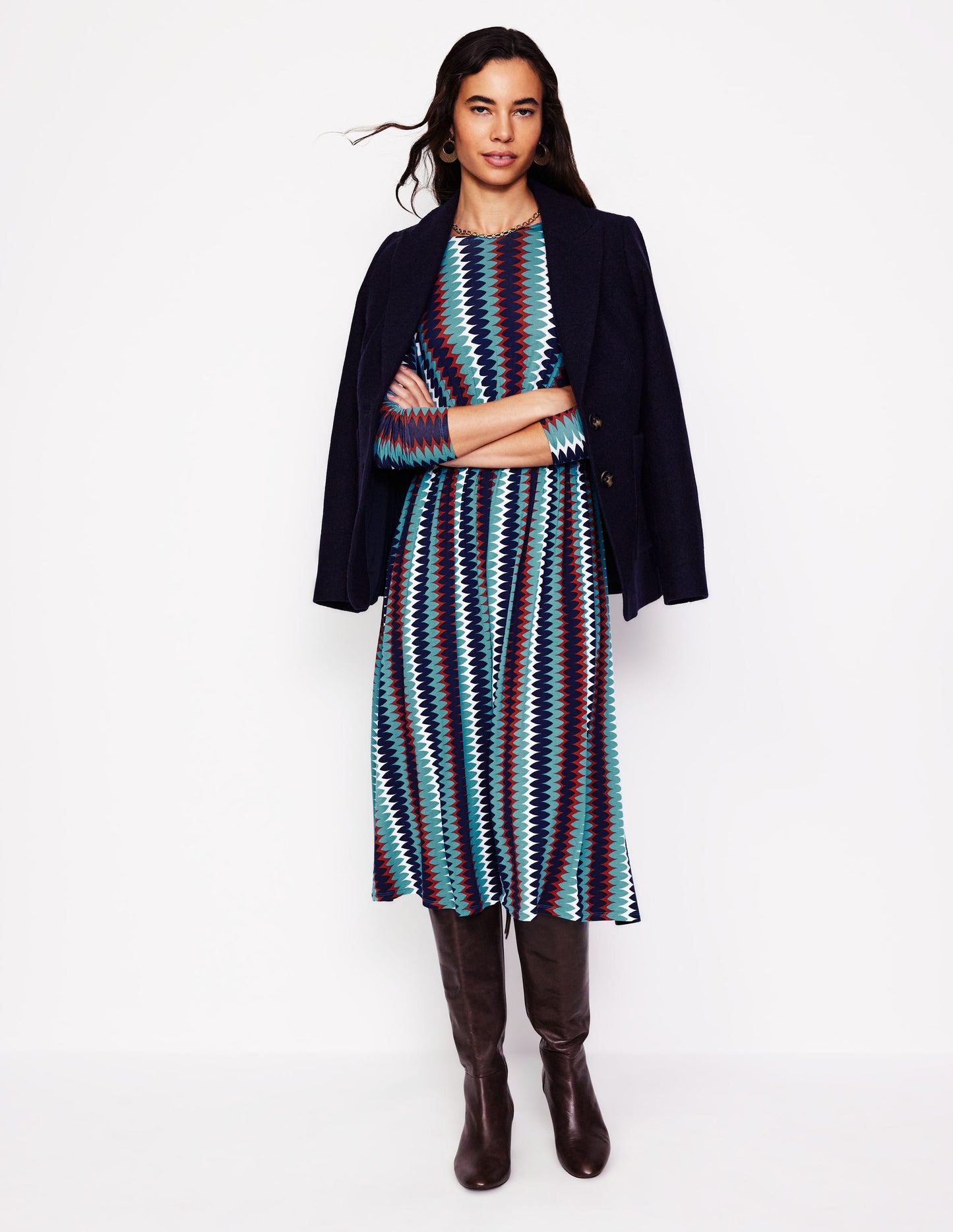 Thea Long Sleeve Jersey Dress -Multi, Chevron Charm