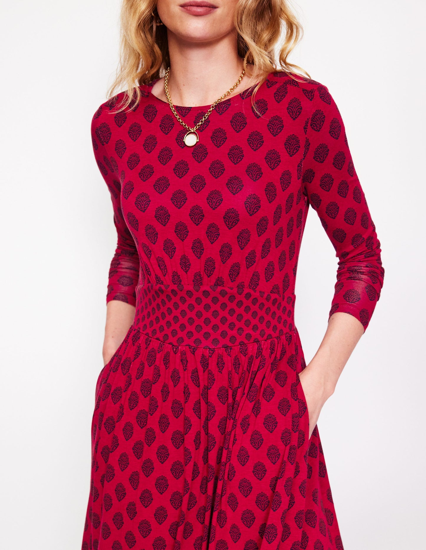 Thea Long Sleeve Jersey Dress-Red Liquorice, Ornate Stamp