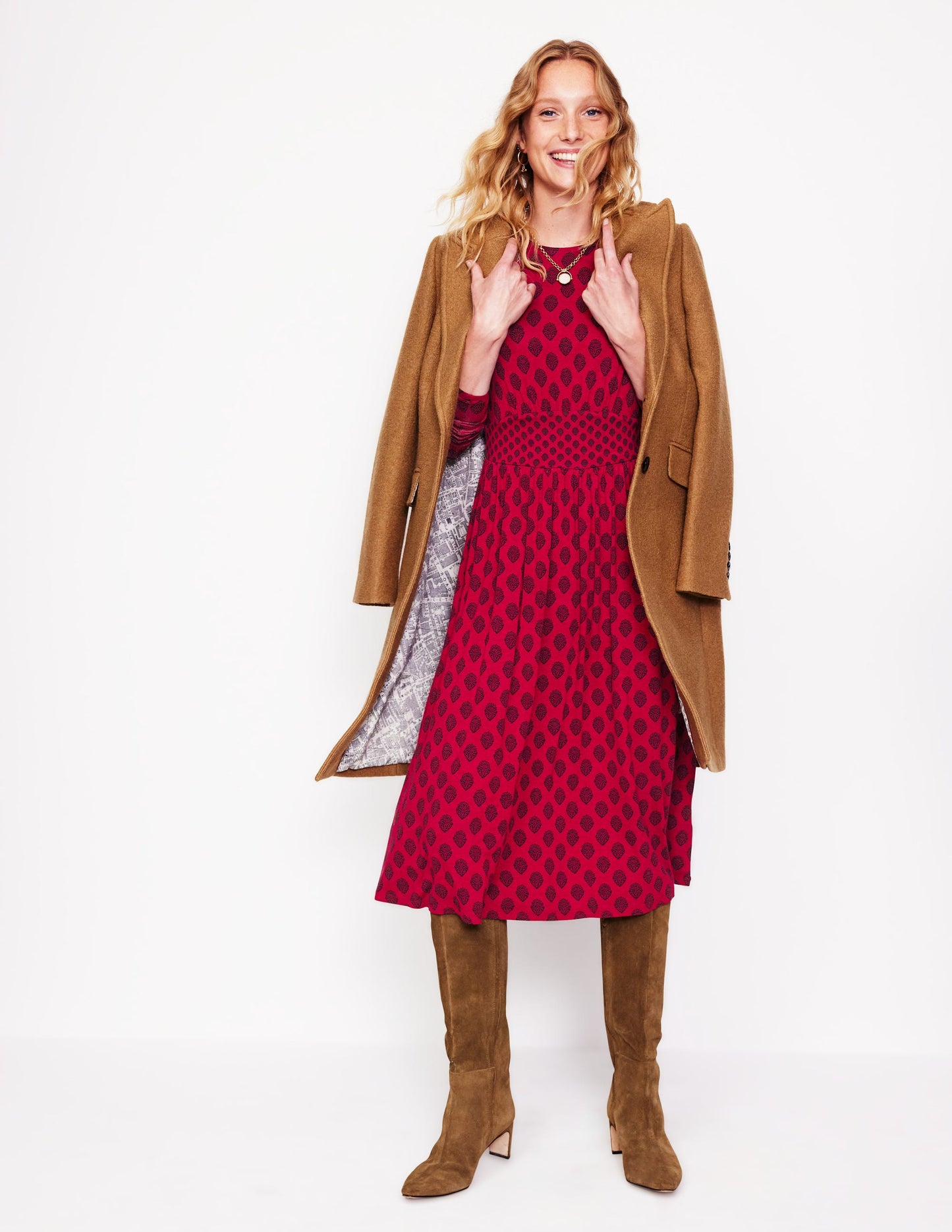 Thea Long Sleeve Jersey Dress-Red Liquorice, Ornate Stamp