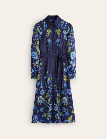 Kate Satin Shirt Dress -Blue, Blossom Flourish