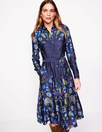 Kate Satin Shirt Dress -Blue, Blossom Flourish