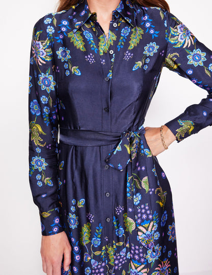 Kate Satin Shirt Dress -Blue, Blossom Flourish