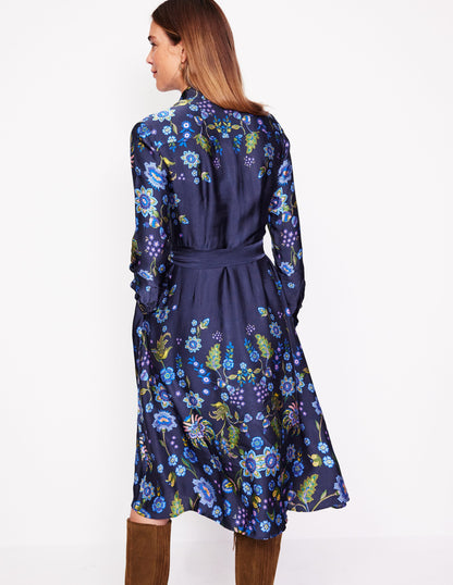 Kate Satin Shirt Dress -Blue, Blossom Flourish