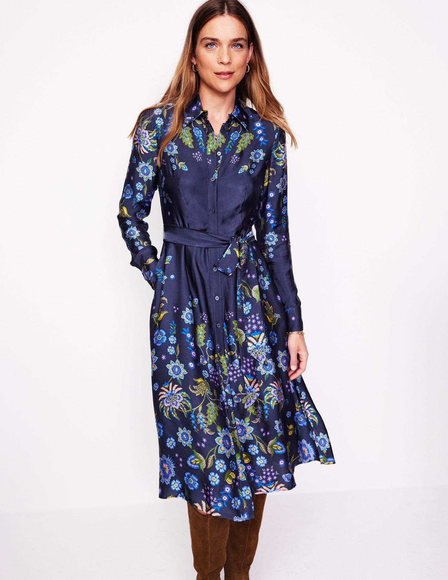 Kate Satin Shirt Dress -Blue, Blossom Flourish