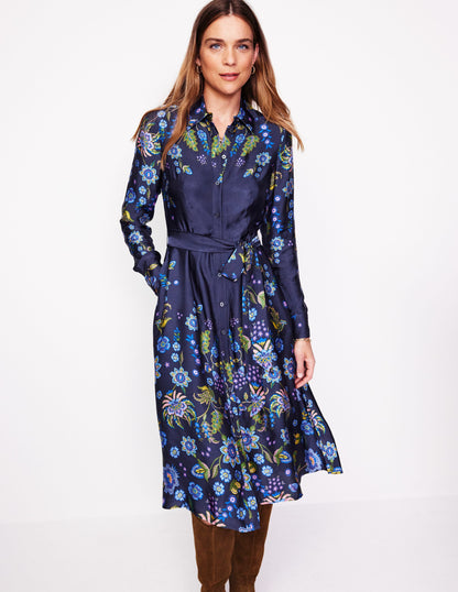 Kate Satin Shirt Dress -Blue, Blossom Flourish