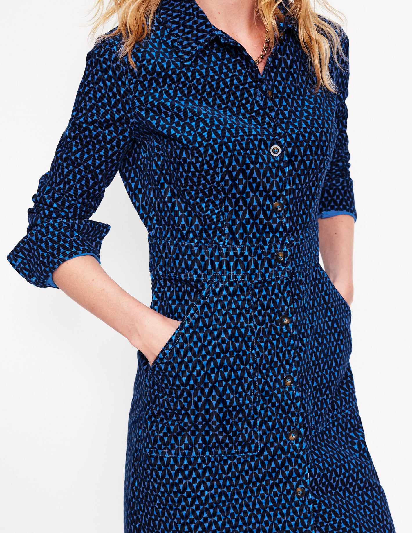 Flora Cord Shirt Dress -Blue, Diamond Trellis