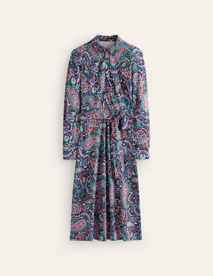 Laura Jersey Midi Shirt Dress -Navy, Paisley Paradise