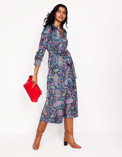 Laura Jersey Midi Shirt Dress -Navy, Paisley Paradise