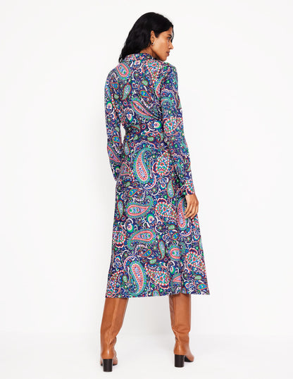 Laura Jersey Midi Shirt Dress -Navy, Paisley Paradise