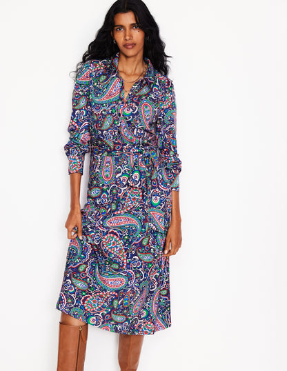 Laura Jersey Midi Shirt Dress -Navy, Paisley Paradise